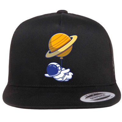 Cute Astronaut Floating On With Saturn Balloon Flatbill Hat