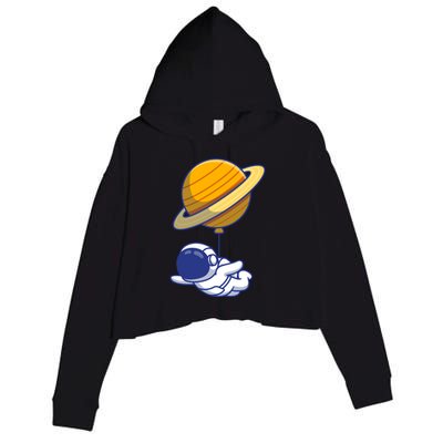 Cute Astronaut Floating On With Saturn Balloon Crop Fleece Hoodie