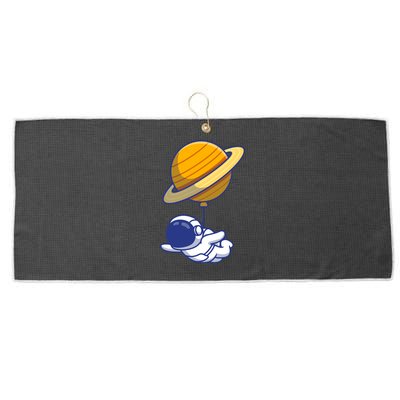 Cute Astronaut Floating On With Saturn Balloon Large Microfiber Waffle Golf Towel