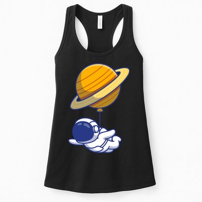 Cute Astronaut Floating On With Saturn Balloon Womens Tank Top