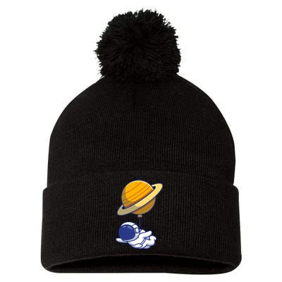 Cute Astronaut Floating On With Saturn Balloon Pom Pom 12in Knit Beanie