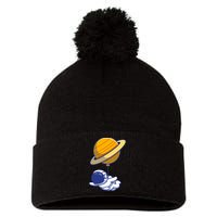 Cute Astronaut Floating On With Saturn Balloon Pom Pom 12in Knit Beanie
