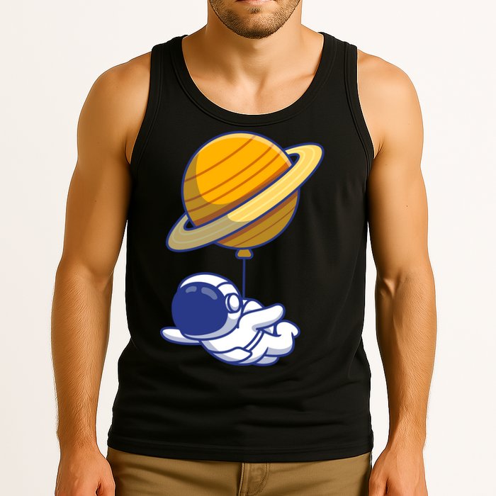 Cute Astronaut Floating On With Saturn Balloon Tank Top