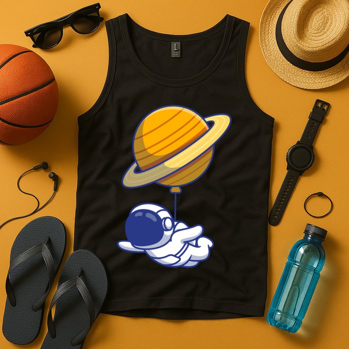 Cute Astronaut Floating On With Saturn Balloon Tank Top