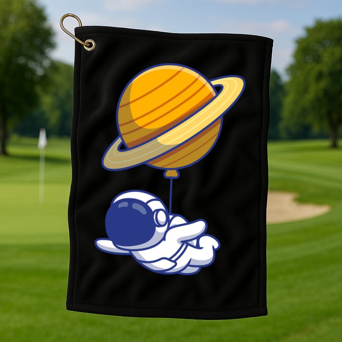Cute Astronaut Floating On With Saturn Balloon Golf Towel