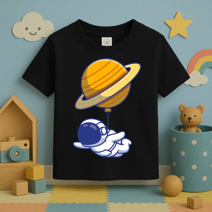 Cute Astronaut Floating On With Saturn Balloon Toddler T-Shirt