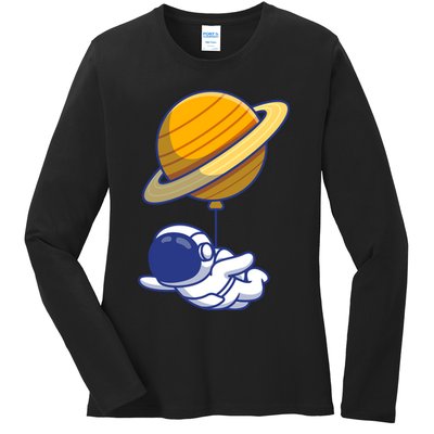 Cute Astronaut Floating On With Saturn Balloon Ladies Long Sleeve Shirt