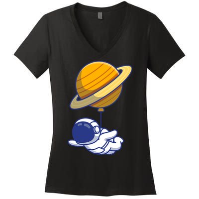 Cute Astronaut Floating On With Saturn Balloon Women's V-Neck T-Shirt