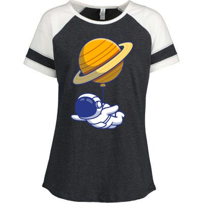 Cute Astronaut Floating On With Saturn Balloon Enza Ladies Jersey Colorblock Tee