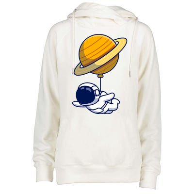 Cute Astronaut Floating On With Saturn Balloon Womens Funnel Neck Pullover Hood