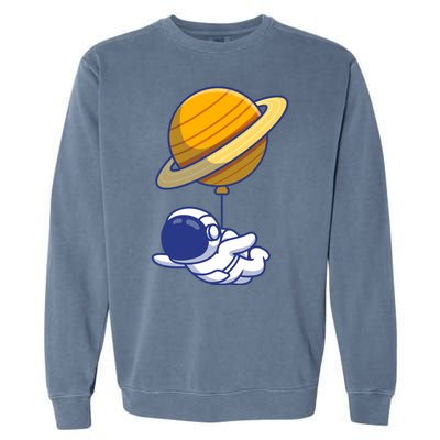 Cute Astronaut Floating On With Saturn Balloon Garment-Dyed Sweatshirt