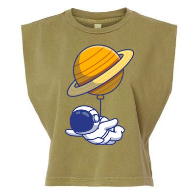 Cute Astronaut Floating On With Saturn Balloon Garment-Dyed Women's Muscle Tee