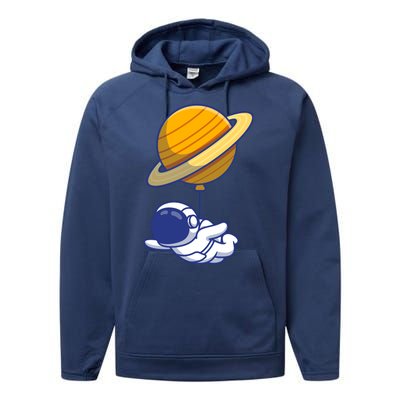 Cute Astronaut Floating On With Saturn Balloon Performance Fleece Hoodie