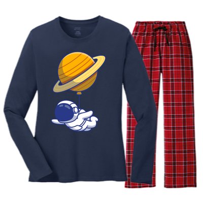 Cute Astronaut Floating On With Saturn Balloon Women's Long Sleeve Flannel Pajama Set 