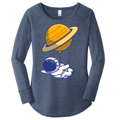 Cute Astronaut Floating On With Saturn Balloon Women's Perfect Tri Tunic Long Sleeve Shirt