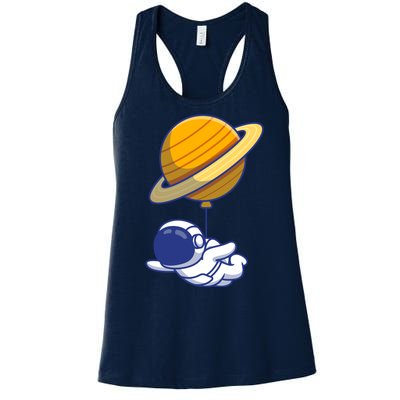 Cute Astronaut Floating On With Saturn Balloon Women's Racerback Tank