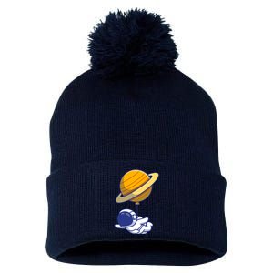 Cute Astronaut Floating On With Saturn Balloon Pom Pom 12in Knit Beanie