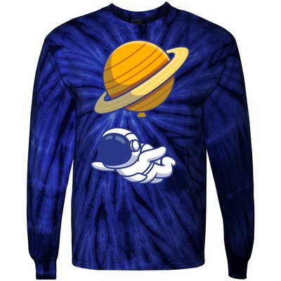 Cute Astronaut Floating On With Saturn Balloon Tie-Dye Long Sleeve Shirt