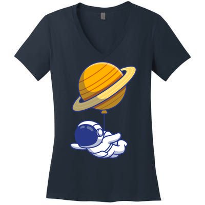 Cute Astronaut Floating On With Saturn Balloon Women's V-Neck T-Shirt