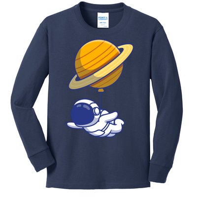 Cute Astronaut Floating On With Saturn Balloon Kids Long Sleeve Shirt