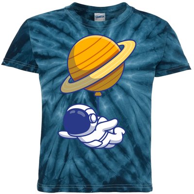 Cute Astronaut Floating On With Saturn Balloon Kids Tie-Dye T-Shirt