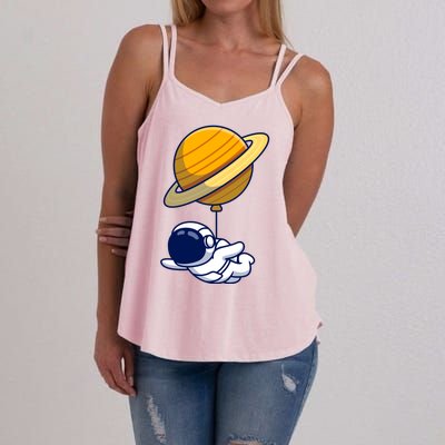 Cute Astronaut Floating On With Saturn Balloon Women's Strappy Tank