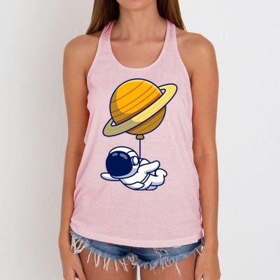 Cute Astronaut Floating On With Saturn Balloon Women's Knotted Racerback Tank