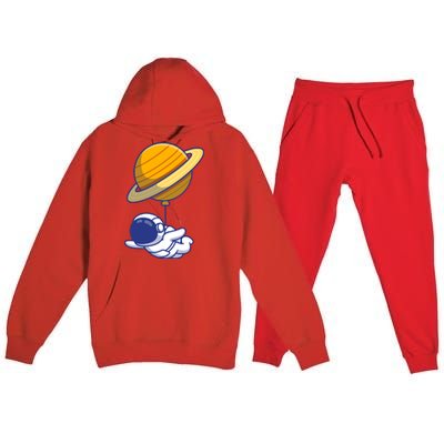 Cute Astronaut Floating On With Saturn Balloon Premium Hooded Sweatsuit Set