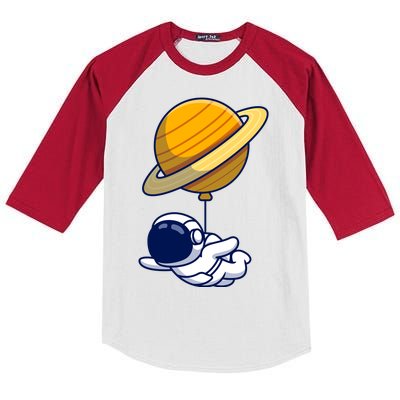 Cute Astronaut Floating On With Saturn Balloon Kids Colorblock Raglan Jersey