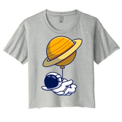 Cute Astronaut Floating On With Saturn Balloon Women's Crop Top Tee