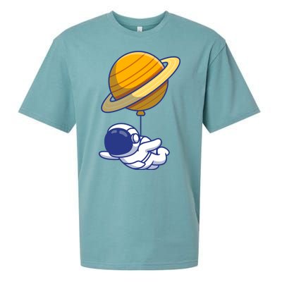 Cute Astronaut Floating On With Saturn Balloon Sueded Cloud Jersey T-Shirt