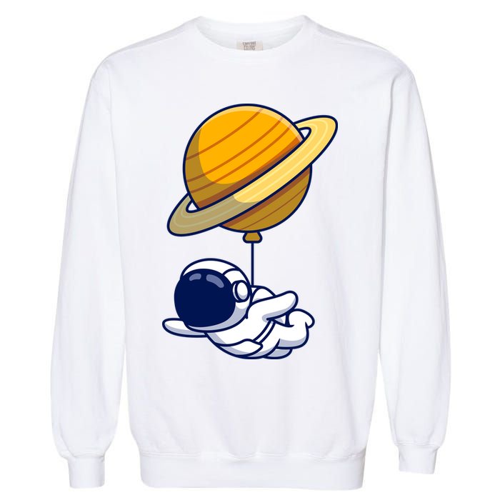Cute Astronaut Floating On With Saturn Balloon Garment-Dyed Sweatshirt