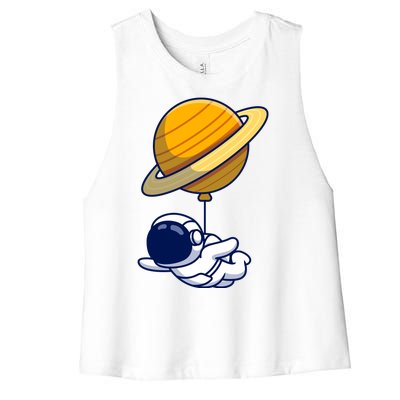 Cute Astronaut Floating On With Saturn Balloon Women's Racerback Cropped Tank