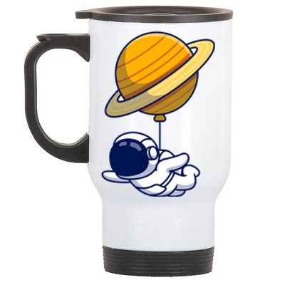 Cute Astronaut Floating On With Saturn Balloon Stainless Steel Travel Mug