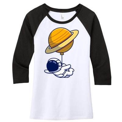 Cute Astronaut Floating On With Saturn Balloon Women's Tri-Blend 3/4-Sleeve Raglan Shirt