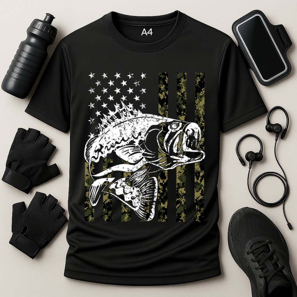 Camouflage American Flag Fisherman Cooling Performance Crew T-Shirt