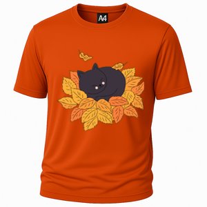 Cute Autumn Fall Sleeping Black Kitty Leaves Cooling Performance Crew T-Shirt