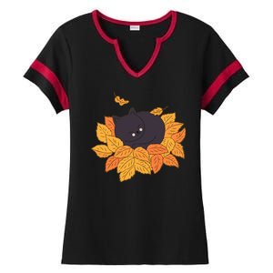 Cute Autumn Fall Sleeping Black Kitty Leaves Ladies Halftime Notch Neck Tee