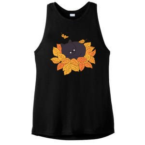 Cute Autumn Fall Sleeping Black Kitty Leaves Ladies PosiCharge Tri-Blend Wicking Tank