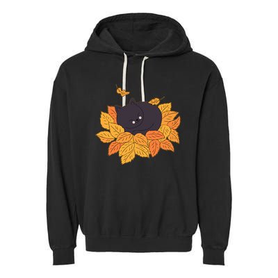Cute Autumn Fall Sleeping Black Kitty Leaves Garment-Dyed Fleece Hoodie