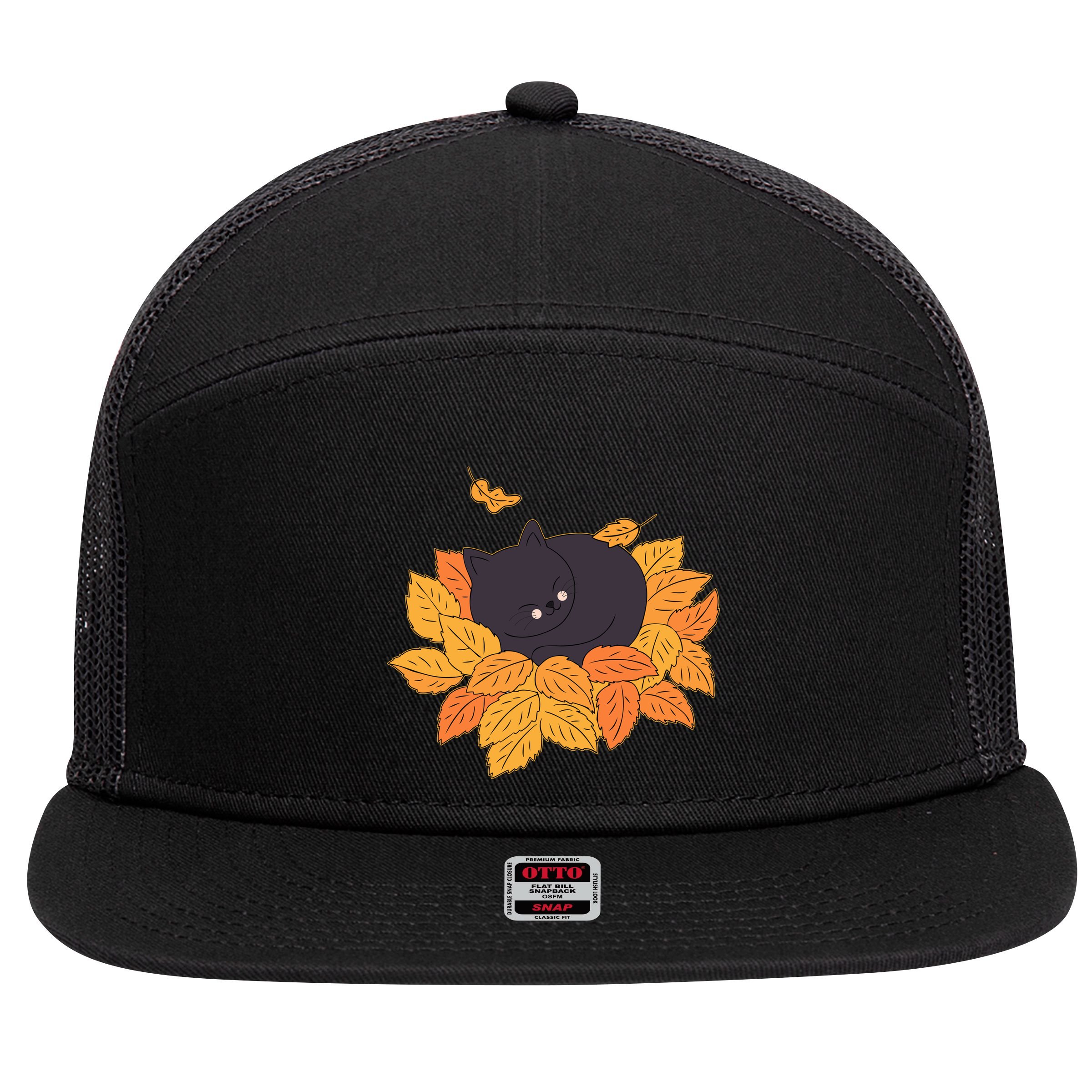 Cute Autumn Fall Sleeping Black Kitty Leaves 7 Panel Mesh Trucker Snapback Hat