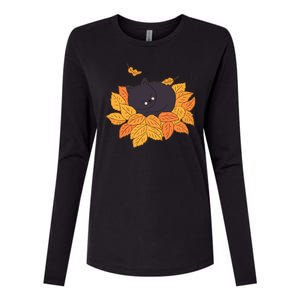 Cute Autumn Fall Sleeping Black Kitty Leaves Womens Cotton Relaxed Long Sleeve T-Shirt