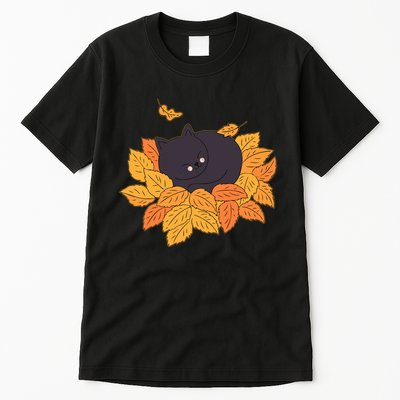 Cute Autumn Fall Sleeping Black Kitty Leaves Tall T-Shirt