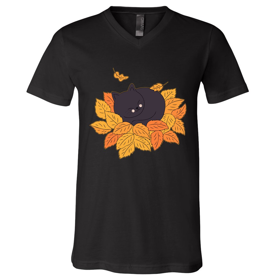 Cute Autumn Fall Sleeping Black Kitty Leaves V-Neck T-Shirt