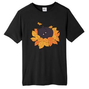 Cute Autumn Fall Sleeping Black Kitty Leaves Tall Fusion ChromaSoft Performance T-Shirt