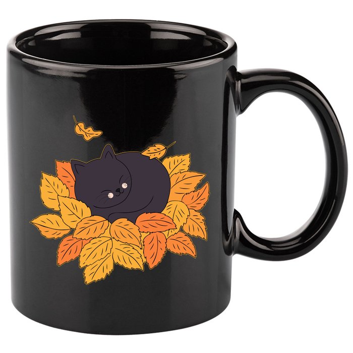 Cute Autumn Fall Sleeping Black Kitty Leaves 11oz C Handle Ceramic Mug
