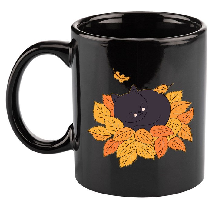 Cute Autumn Fall Sleeping Black Kitty Leaves 11oz C Handle Ceramic Mug