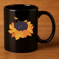 Cute Autumn Fall Sleeping Black Kitty Leaves 11oz C Handle Ceramic Mug