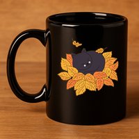 Cute Autumn Fall Sleeping Black Kitty Leaves 11oz C Handle Ceramic Mug