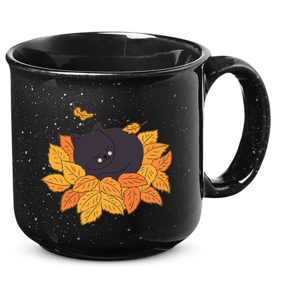 Cute Autumn Fall Sleeping Black Kitty Leaves 15oz Campfire Ceramic Mug